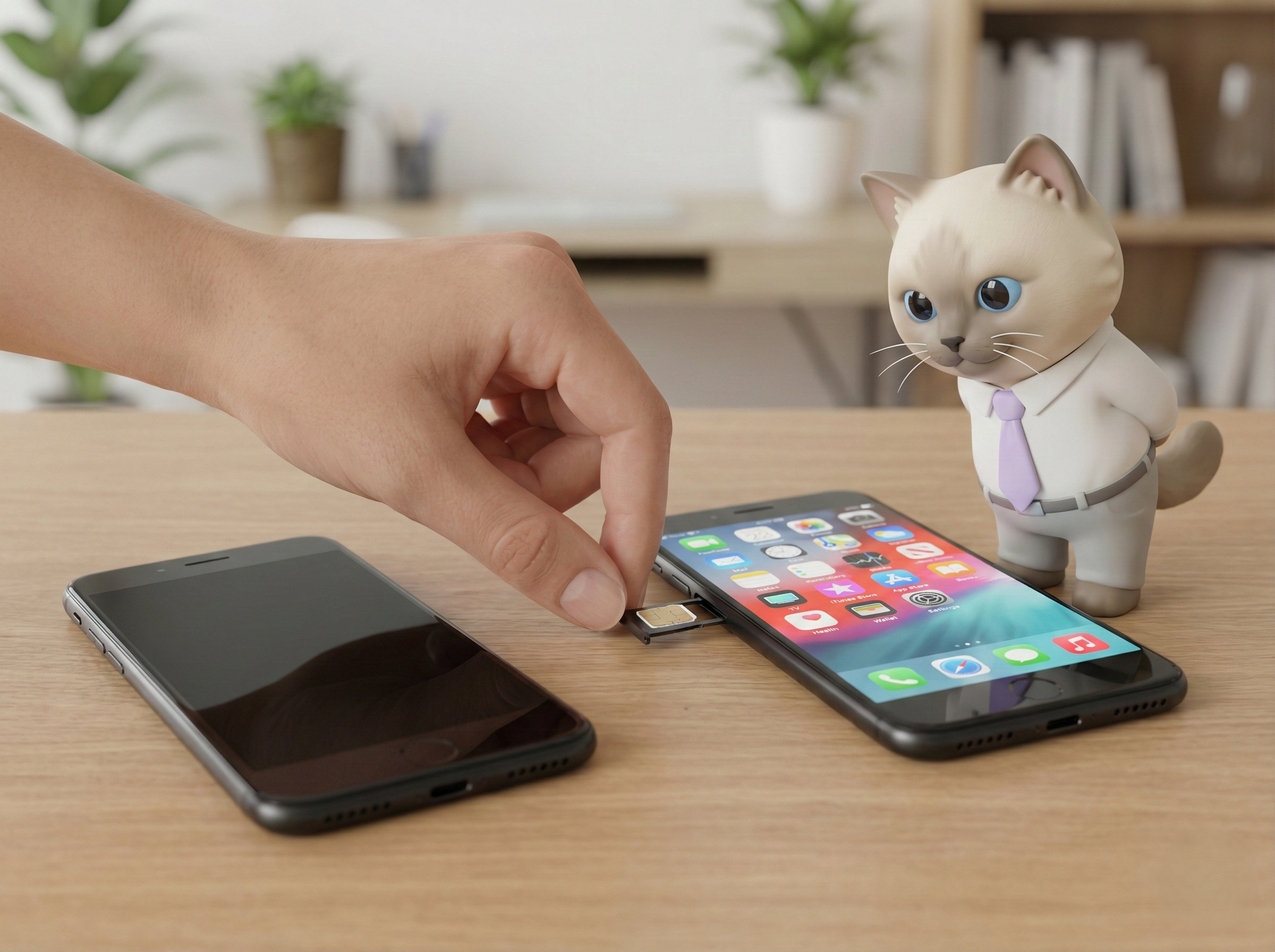 Ultra-realistic 3D render, 4:3 aspect ratio, bright realistic lighting.
A clean desk scene showing an old unused smartphone (powered off) on the left,

and the same smartphone powered on and active on the right, clearly showing contrast.
Between them, place a prepaid SIM card being gently inserted into the phone tray,

clearly emphasizing reuse of an existing device (air phone, spare phone).
Next to the phone, add one small humanlike Ragdoll cat figurine (Joa Telecom style):

&ndash; Calm, helpful pose, slightly leaning toward the phone

&ndash; Round face, soft beige-ivory fur, subtle whiskers

&ndash; Large clear blue eyes

&ndash; Matte semi-realistic texture (not toy-like)

&ndash; Wearing white shirt, light gray slacks, pastel lavender tie
Mood: practical, problem-solving, &ldquo;reuse instead of buying new&rdquo;.

Lighting is neutral daylight, evenly bright, no dramatic shadows.

Background minimal and realistic (home desk or office desk).
No text, no logos, no exaggerated effects.