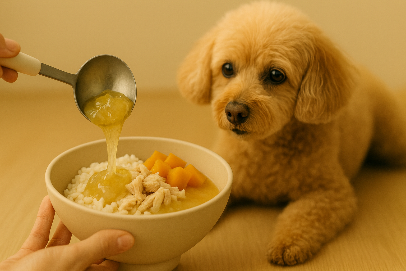 력 없는 노령견을 위한 보양식, 따뜻한 콜라겐 닭고기 육수에 밥을 만 모습