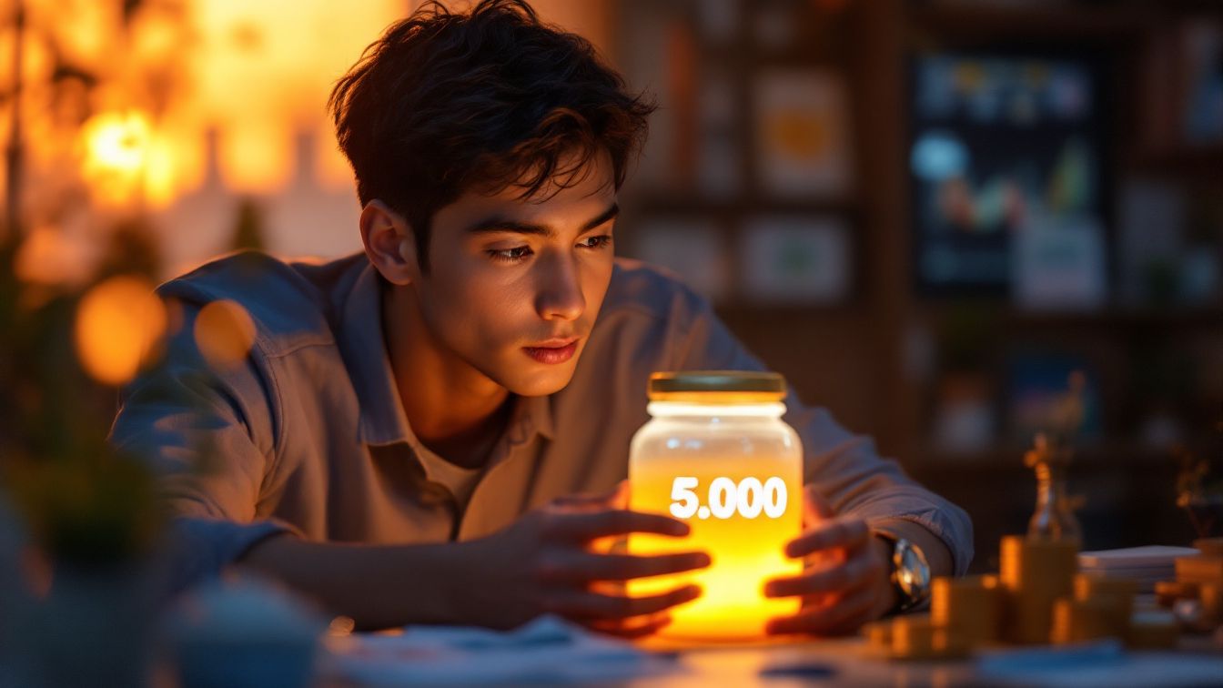 A young Korean adult visualizing future savings with a 5,000만원 goal through the 청년도약계좌 program in 2025.
