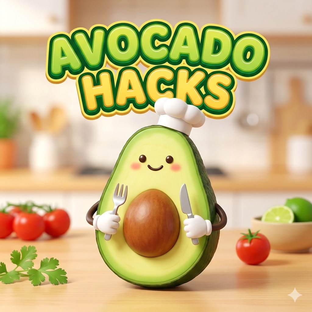 잘 익은 아보카도 반쪽이 웃는 얼굴 모양의 3D 카툰 일러스트. 아보카도 위에 'AVOCADO HACKS'라는 영어 문구가 강조되어 있으며, 아보카도를 쉽게 먹는 방법을 암시합니다.