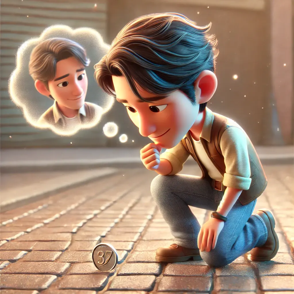 꿈속에서 길가의 동전을 줍고 있는 중년 남성의 3D 일러스트