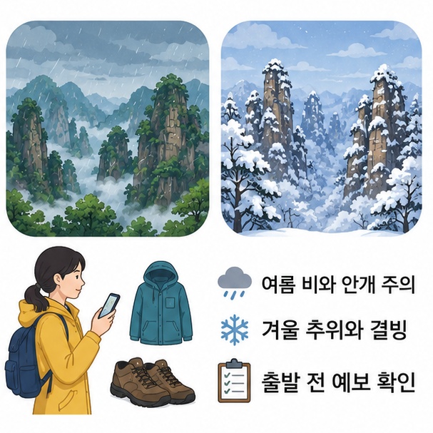 여름의 비와 안개, 겨울의 추위와 결빙에 대비해 우비와 겉옷, 미끄럽지 않은 신발을 준비하는 모습을 보여주는 그림