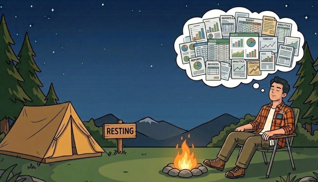 별이 빛나는 밤 캠핑장에서 모닥불 앞에 앉아 눈을 감고 있는 남자의 머리 위로 복잡한 업무 서류와 차트가 가득한 생각 풍선이 떠 있어, 'RESTING' 팻말이 무색하게 휴식 중에도 일 생각에서 벗어나지 못하는 모습을 묘사