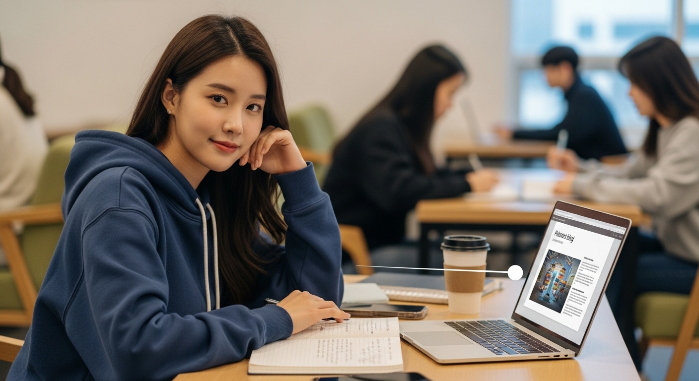 한국 대학생이 AI 노트북으로 발표 자료를 준비하며 만족스럽게 화면을 바라보는 모습