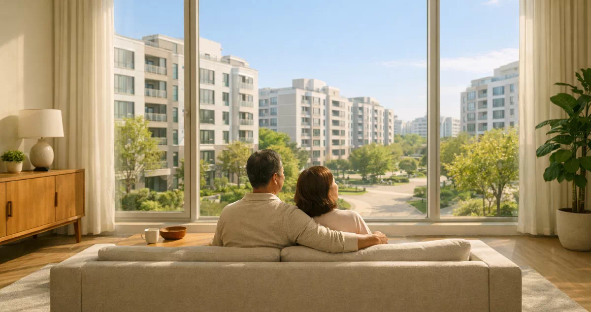 2026 공공임대주택 당첨 후 햇살 가득한 거실에서 창밖 아파트 단지를 보며 휴식하는 한국인 부부 이미지