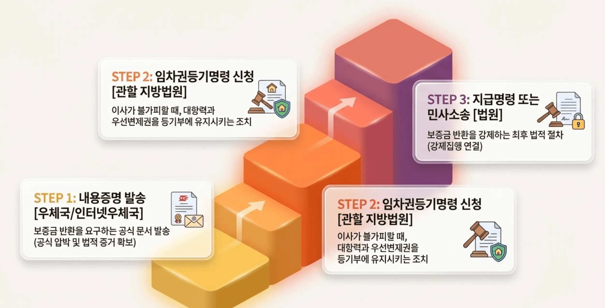 전세보증금 반환: 보증금 미반환 시 진행해야 할 법적 절차를 3단계 계단으로 보여주는 일러스트입니다. 1단계는 우체국을 통한 내용증명 발송으로 공식 압박 및 증거 확보를&amp;#44; 2단계는 이사 전 관할 지방법원에 임차권등기명령을 신청하여 권리를 유지하는 방법을 설명합니다. 마지막 3단계는 법원을 통한 지급명령 또는 민사소송으로 강제집행으로 이어지는 최후 절차임을 안내합니다. 