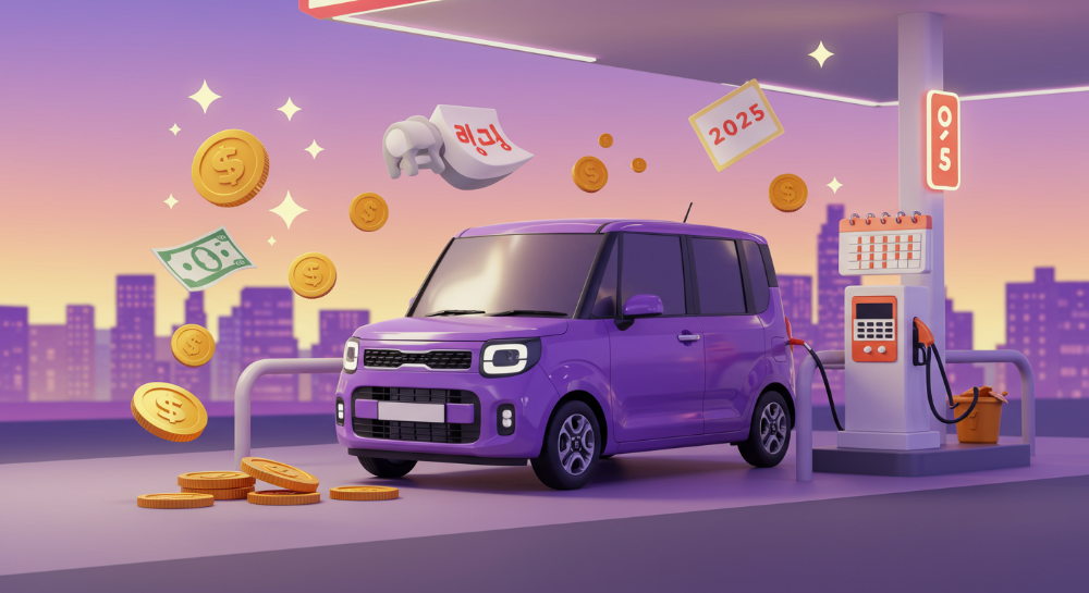 2025년 경차 유류세 환급 혜택을 상징하는 이미지. 경차 주변에 돈과 캘린더가 떠다니며 주유 중인 모습을 보여줍니다.