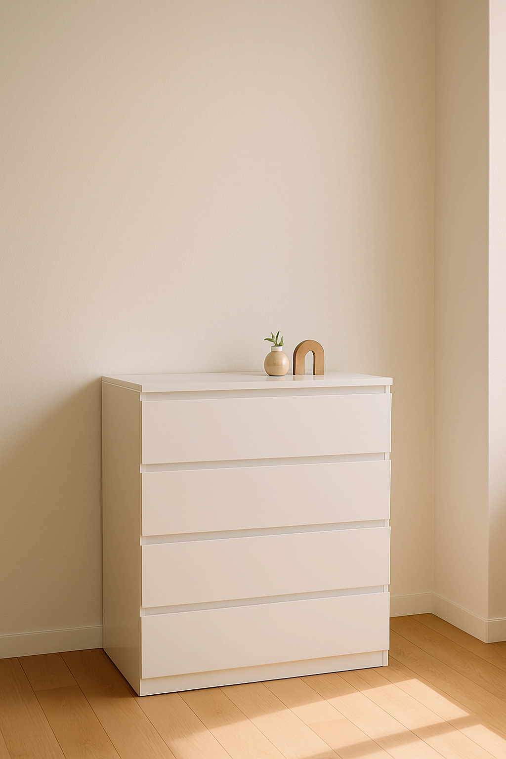 서랍 위에 장식품만 남은 미니멀한 정돈된 인테리어