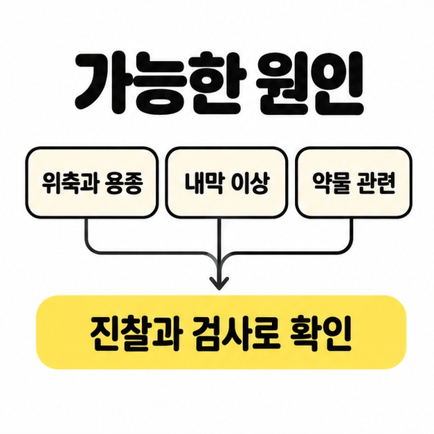 위축과 용종, 내막 이상, 약물 관련 등 가능한 원인을 진찰과 검사로 확인하도록 연결한 도식