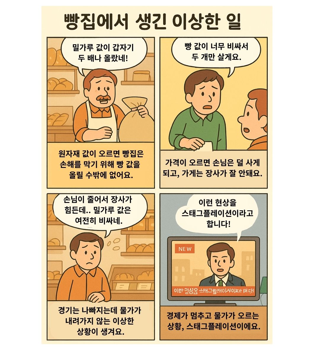 빵집에서 밀가루 값 상승으로 빵값을 올리고 손님이 줄어드는 과정을 통해 스태그플레이션 현상을 설명하는 4컷 경제 교육 만화