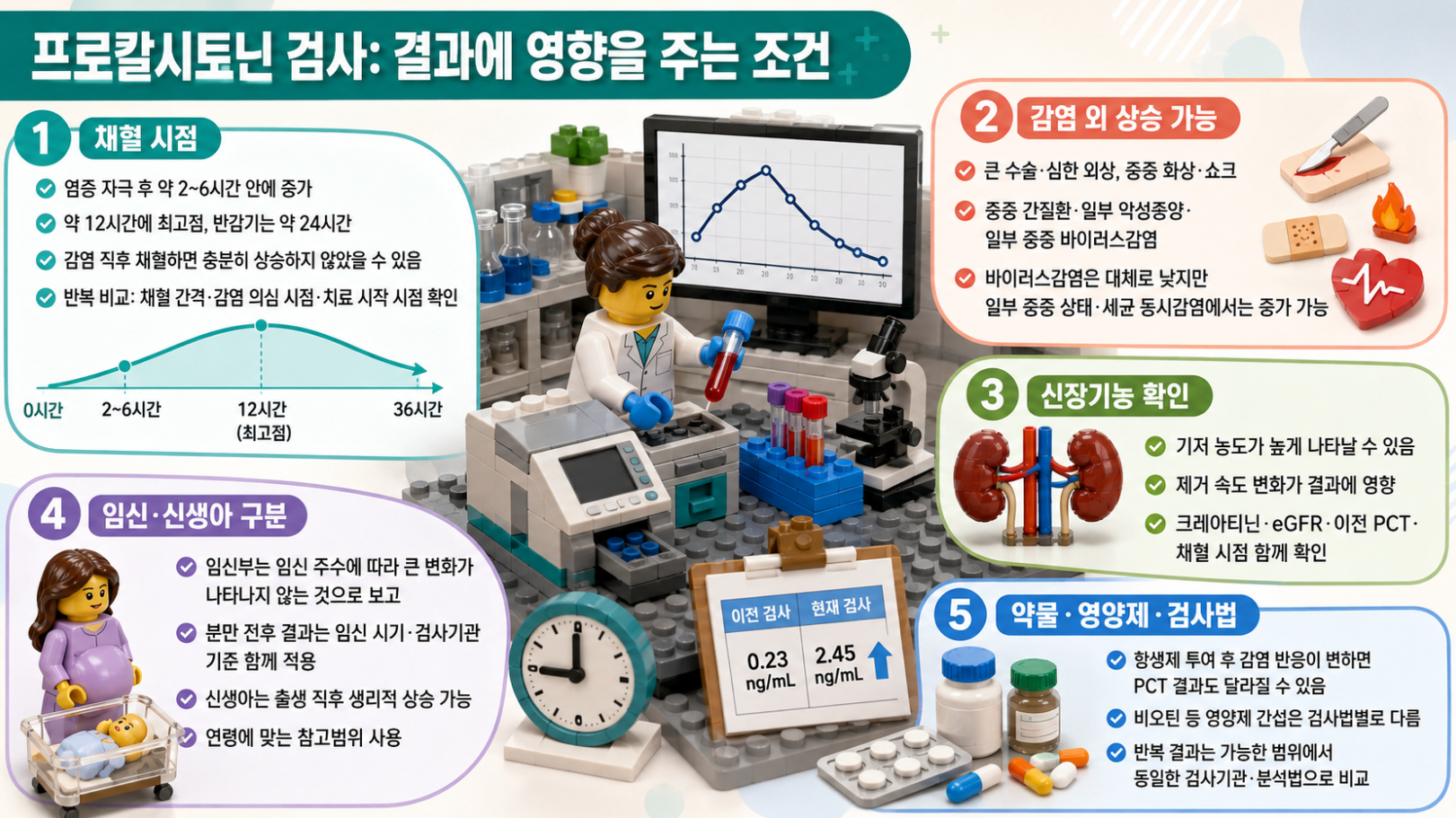프로칼시토닌(PCT) 결과에 영향을 주는 채혈 시점, 감염 외 상승 원인, 신장기능, 임신·신생아, 약물과 검사법을 설명하는 레고 스타일 메디컬 인포그래픽