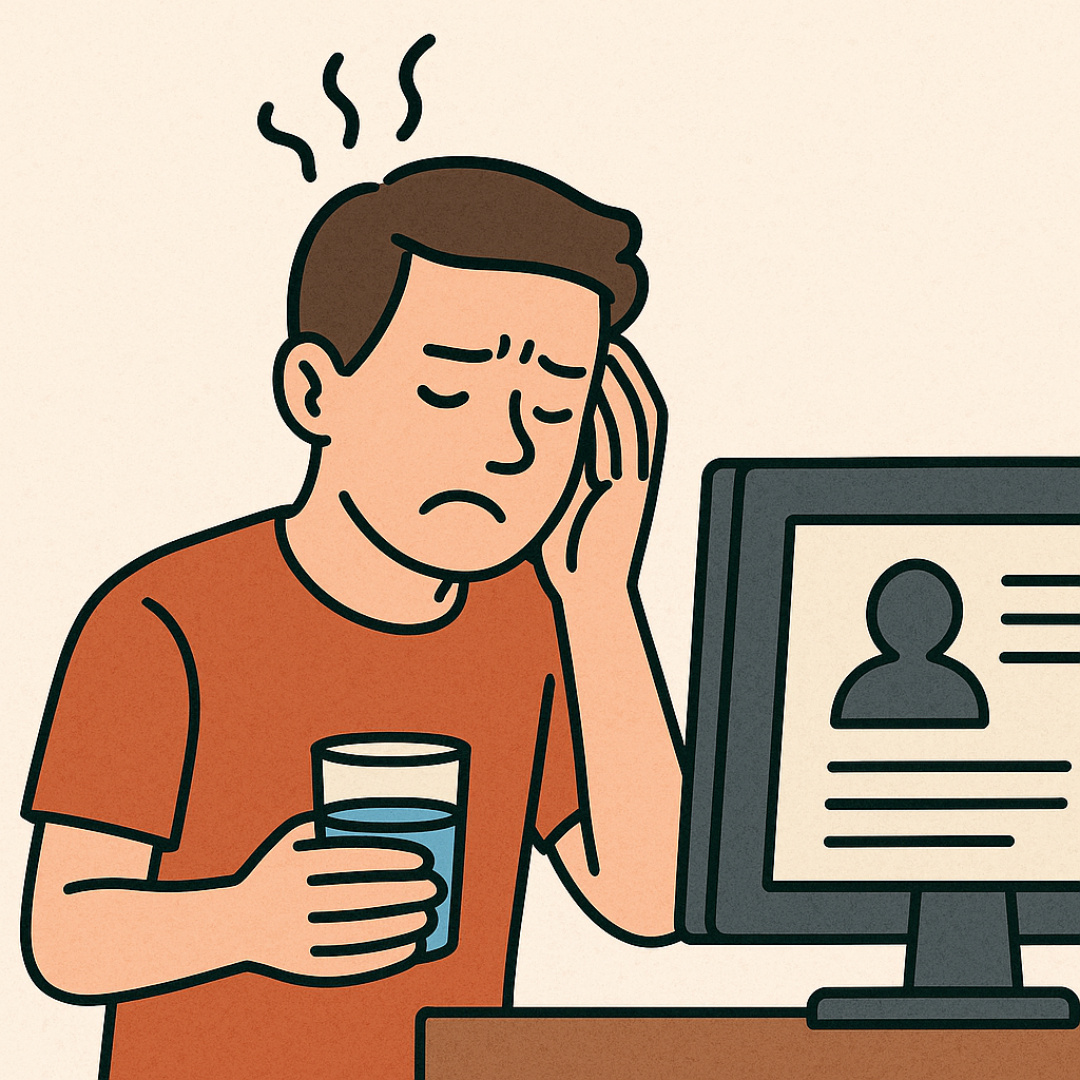아침에 스트레스를 받는 뉴스나 대화로 인해 피로해진 남성의 모습을 표현한 일러스트