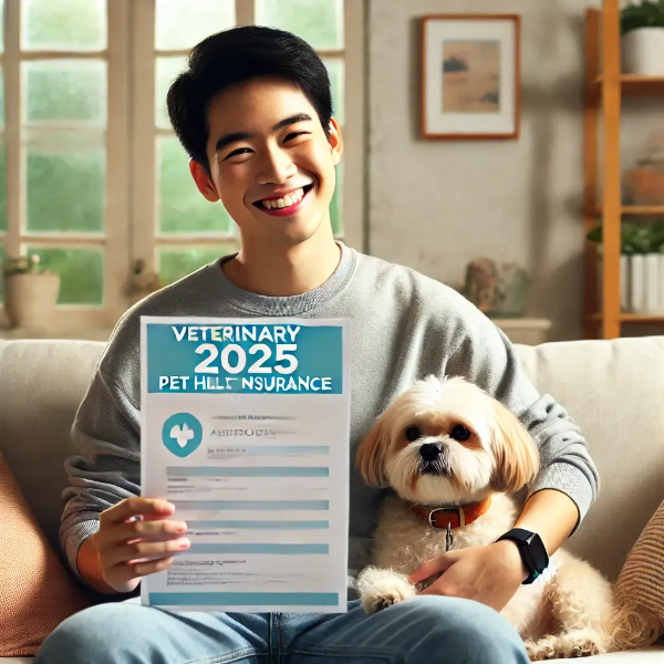 승인서를 들고 강아지와 함께 앉아 있는 동양인 남성