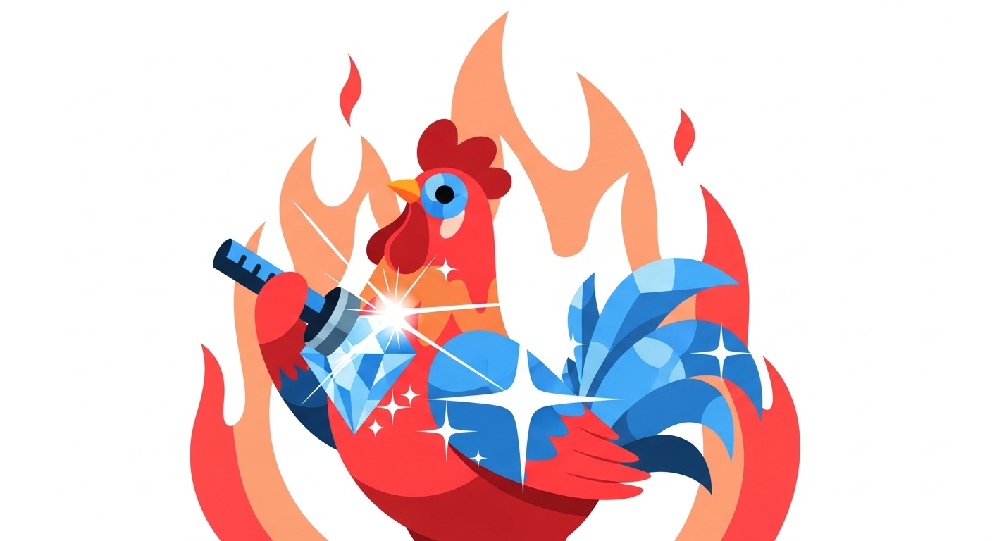 불 속에서 단련되어 다이아몬드처럼 빛나는 보석으로 거듭나는 닭 캐릭터 일러스트