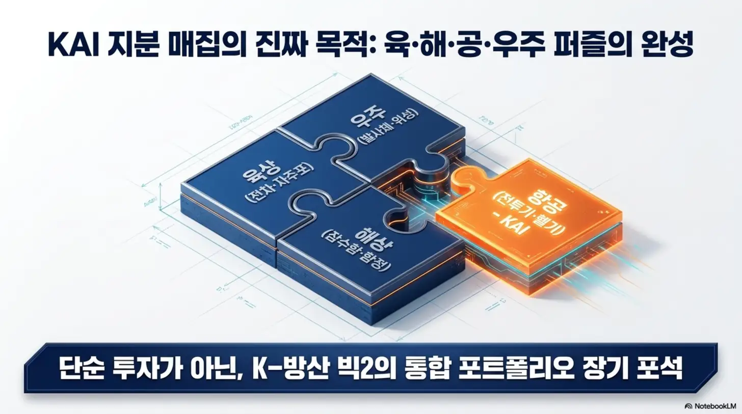 한화에어로스페이스 주가 전망: 한화에어로스페이스의 KAI 지분 매집 목적이 육상, 해상, 우주, 항공을 잇는 통합 방산 포트폴리오 완성임을 퍼즐 그래픽으로 표현한 인포그래픽. 한화의 육해공우주 사업에 KAI의 전투기와 헬기 역량을 더하는 장기 포석을 보여주며, 한화에어로스페이스 KAI 지분 매집 배경을 설명함