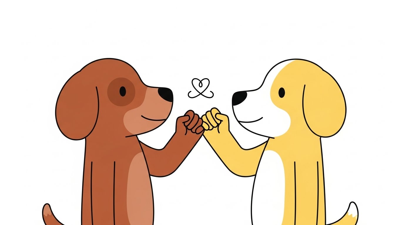 친구와 새끼손가락을 걸고 약속을 하며 신뢰를 보여주는 개 캐릭터 일러스트