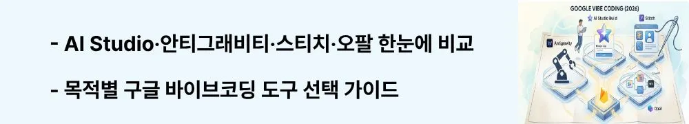 구글 바이브 코딩: "AI Studio&middot;안티그래비티&middot;스티치&middot;오팔 한눈에 비교 / 목적별 구글 바이브코딩 도구 선택 가이드"라는 문구가 포함된 웹배너 이미지. 이 이미지는 구글 바이브코딩 4종 도구의 역할과 대상을 비교한 정보를 시각적으로 전달하며, 블로그의 바이브코딩 도구 비교와 관련된 내용을 설명함 (Google AI Studio Antigravity Stitch Opal comparison)