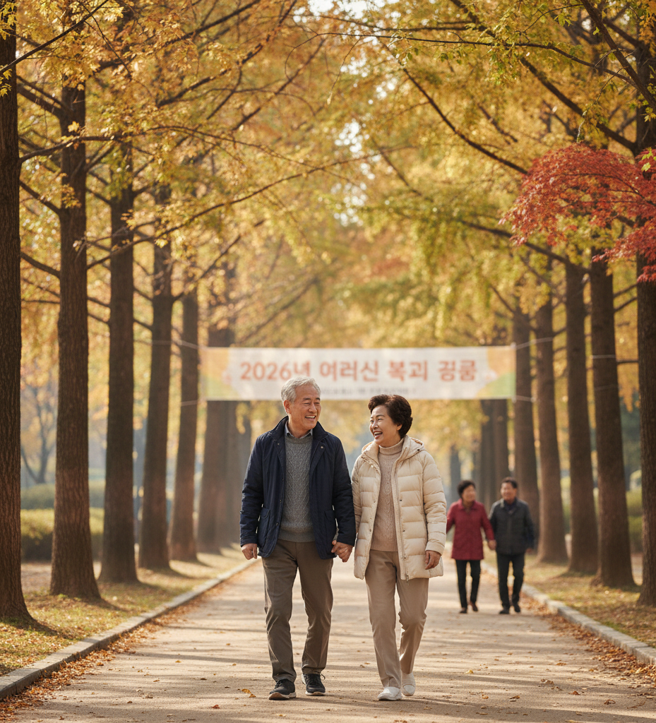 2026년 어르신 복지 경로 행사 현수막 아래 가을 공원을 산책하는 노년 부부