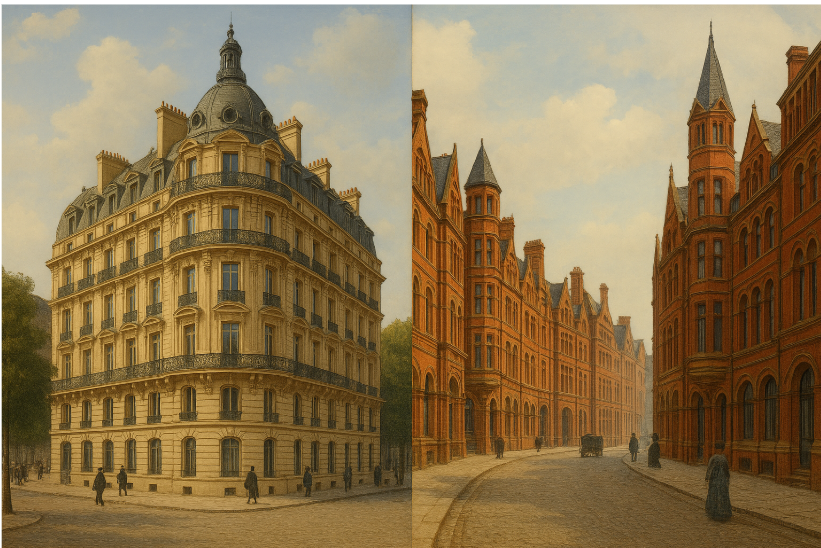 왼쪽은 프랑스의 오스만 스타일 건축물, 오른쪽은 영국 빅토리아 시대의 건축물 이미지입니다.
