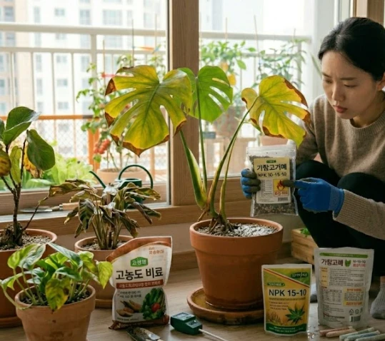 비료 과다로 잎 끝과 가장자리가 갈색으로 타들어간 식물과 성분표를 확인하는 여성