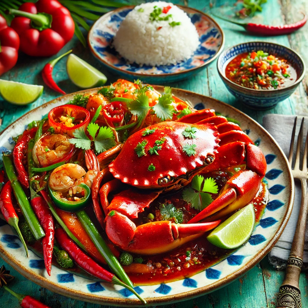 매콤한 칠리 크랩과 새우 볶음이 담긴 화려한 접시