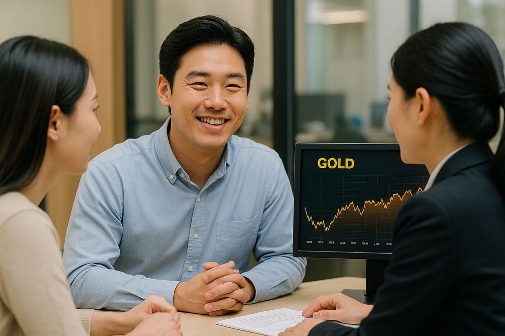 은행 창구에서 고객이 상담원과 마주 앉아 금 투자 계좌에 대해 상담하는 장면 이미지
