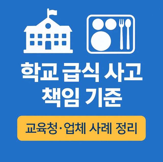 학교 급식 사고 발생 시 교육청과 업체의 책임 기준 및 사례를 정리한 대표 이미지로, 학교와 급식 아이콘을 활용한 행정 인포그래픽 이미지
