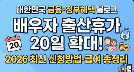 2026년 배우자 출산휴가 20일 확대 안내 썸네일. 중앙에 '배우자 출산휴가 20일 확대! 2026 최신 신청방법&middot;급여 총정리'라는 문구가 강조되어 있고, 달력, 행복한 가족, 동전 등 육아 혜택을 상징하는 아이콘이 배치된 밝은 파란색 배경의 이미지.