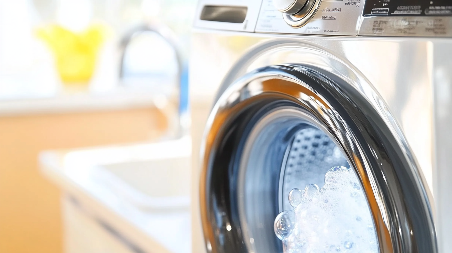 버블워시 기술이 작동하는 세탁기의 클로즈업 모습으로, 깨끗하고 효율적인 세탁 과정을 강조하며 따뜻한 조명이 아늑한 분위기를 연출.