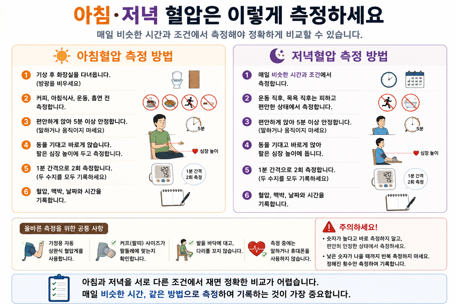 아침과 저녁 가정혈압을 일정한 조건에서 측정하고 기록하는 방법