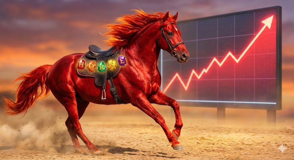 붉은색의 역동적인 적토마가 5가지 보석(H,O,R,S,E)이 박힌 안장을 얹고 힘차게 달리는 일러스트. 배경에는 우상향하는 주가 그래프가 그려져 있음
