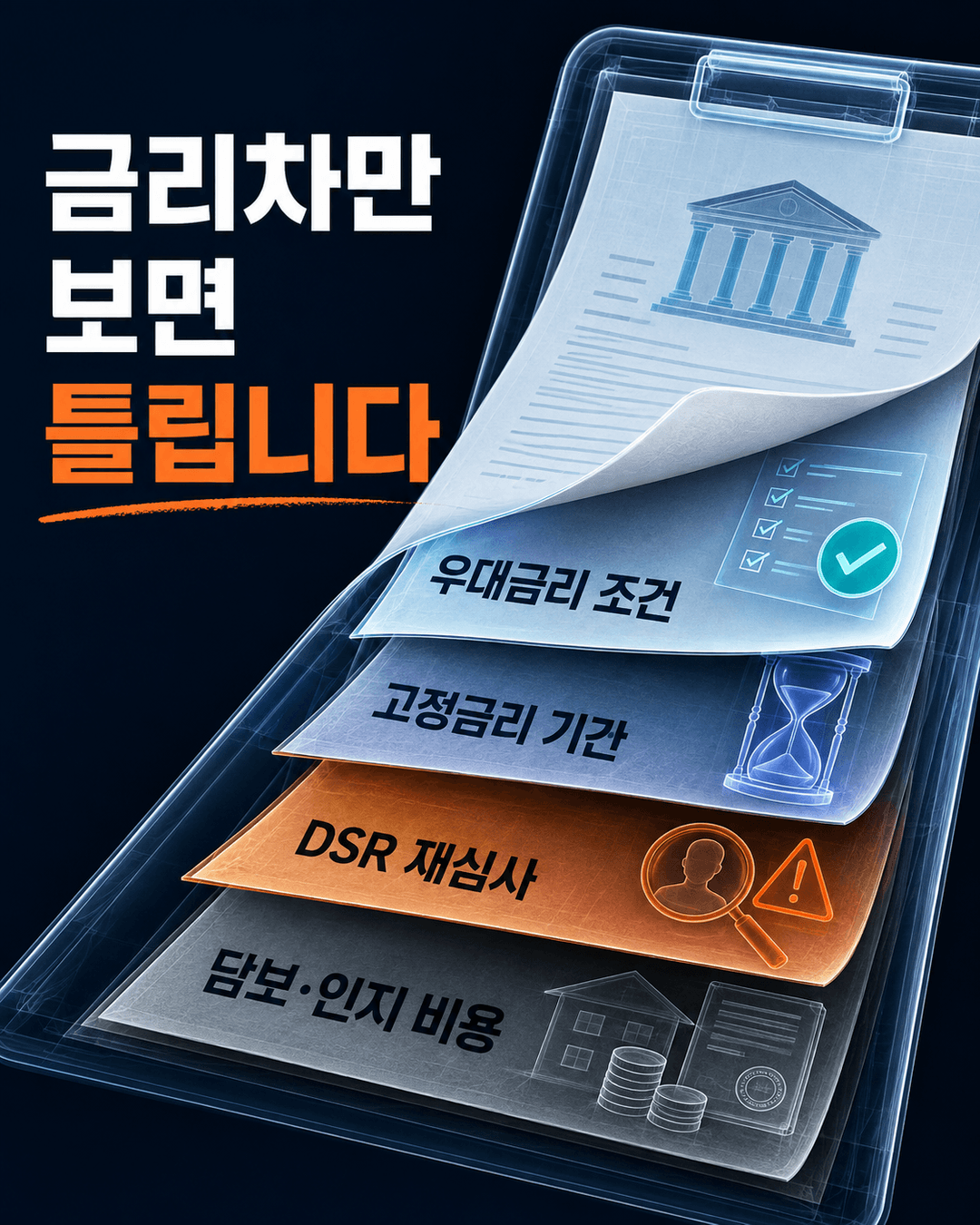 우대금리조건 고정금리기간 DSR 재심사 담보인지비용을 펼쳐 보여주는 대출계약 카드