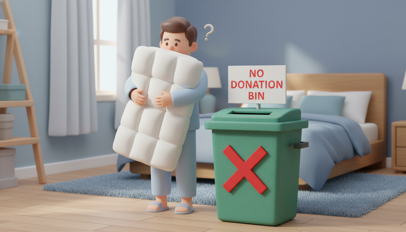 의류수거함 배출이 금지된 두꺼운 겨울 솜이불과 고민하는 사람의 3D 일러스트