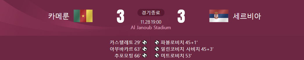 카메룬 대 세르비아 경기결과가 적힌 사진