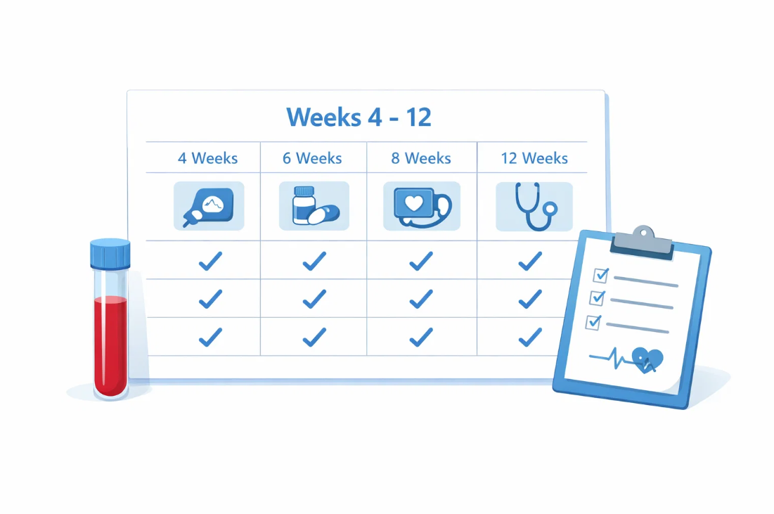 간수치 이상 시 4주에서 12주까지 단계별 추적 혈액검사 일정 인포그래픽