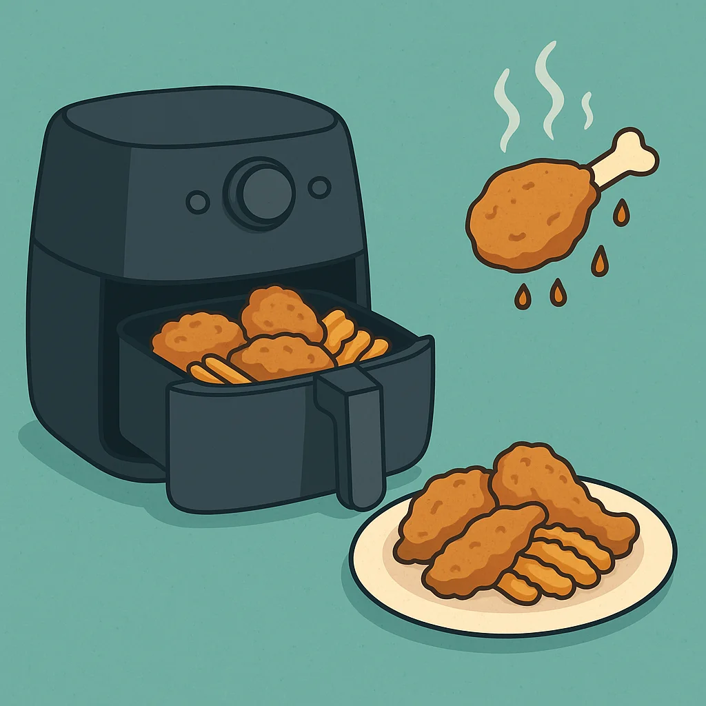 에어프라이어에서 갓 나온 치킨과 감자튀김이 접시에 담겨 있는 모습, 공기로 튀겨 덜 느끼한 특성을 표현한 일러스트