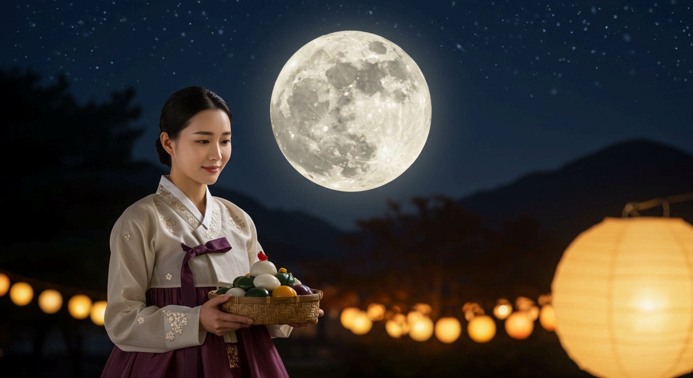 한복을 곱게 차려입은 여성이 보름달 아래에서 송편이 담긴 바구니를 들고 있는 장면