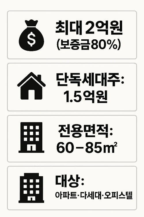청년전세자금대출 조건으로 최대 2억원 한도, 단독세대주 1.5억원, 전용면적 60~85㎡, 아파트&middot;다세대&middot;오피스텔 가능 여부를 설명한 인포그래픽