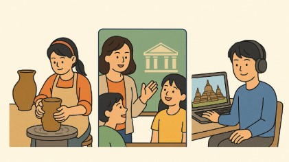 유산 교육 사례로 체험 학습, 학교 연계 교육, 디지털 학습을 설명하는 한국어 일러스트