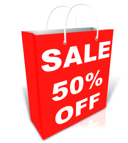 빨간 쇼핑 가방에 하얀 글씨로 SALE 50% OFF가 적혀있다. 손잡이는 하얀색이고 종이 가방은 사각형이다.