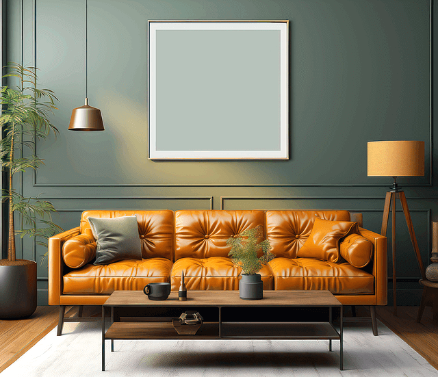 거실에 황색의 튼튼한 3인용 가죽소파가 있다. 소파 앞에는 네모난 고동색 탁자가 있다.