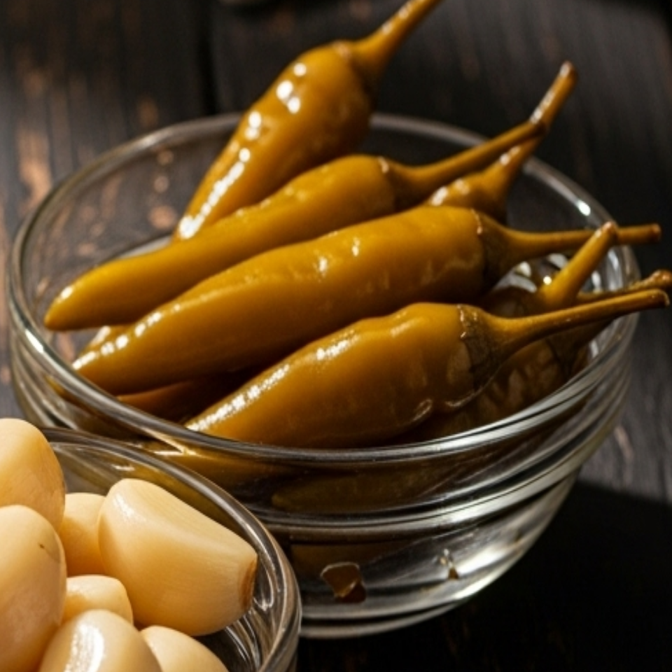 투명 유리 그릇에 간장에 절인 고추장아찌가 가득 담긴 이미지