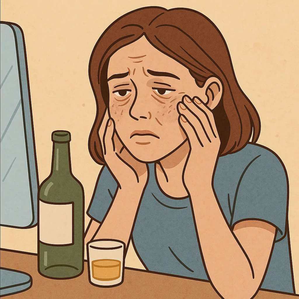 술을-마신-다음날-푸석한-피부를-거울로-확인하는-여성의-모습