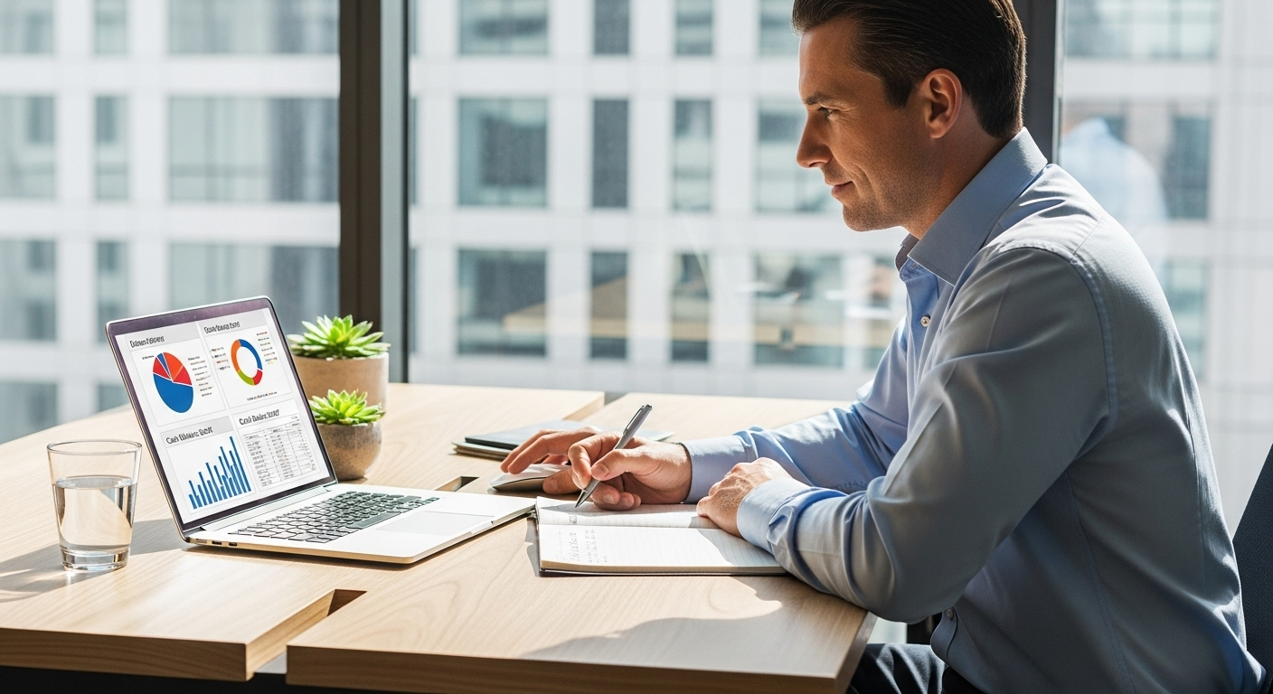 리스크 관리를 위해 포트폴리오와 현금 비중을 점검하는 현실적인 투자자의 모습