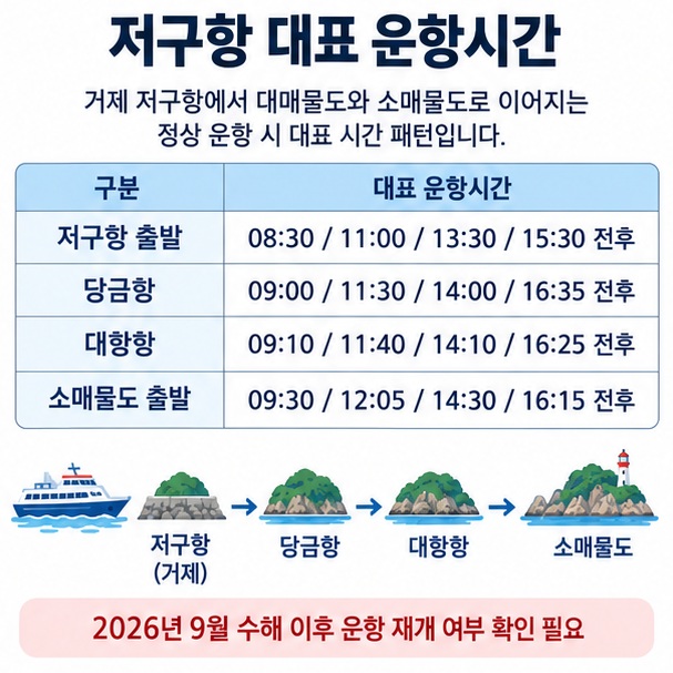 거제 저구항에서 당금항 대항항 소매물도로 이어지는 대표 운항시간을 표로 정리한 이미지