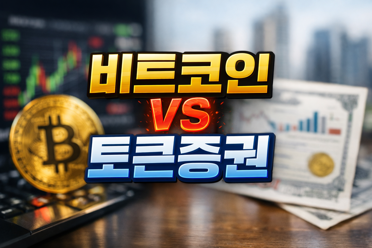 비트코인과 토큰증권(STO)을 비교하는 이미지로, 비트코인 동전과 시세 차트·달러 지폐 배경 위에 ‘비트코인 VS 토큰증권’ 문구가 강조된 썸네일
