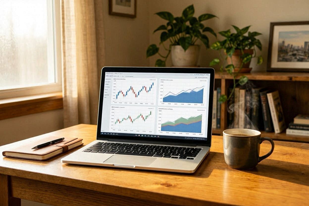 A cozy home office desk with a laptop screen displaying financial charts, a cup of coffee beside it, warm lighting, soft background