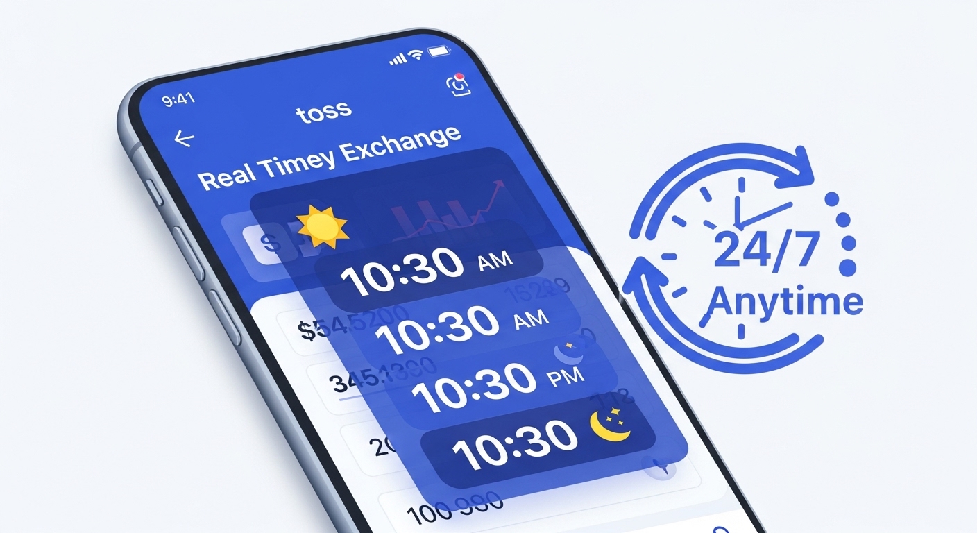 시간 제약 없이 24시간 환전이 가능하다는 것을 보여주는 토스 앱 화면