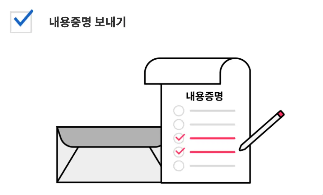 좌측 상단 검은글씨 내용증명 보내기 중앙하단 회색 편지봉투 옆 편지지 위 검은글씨 내용증명 위 연필