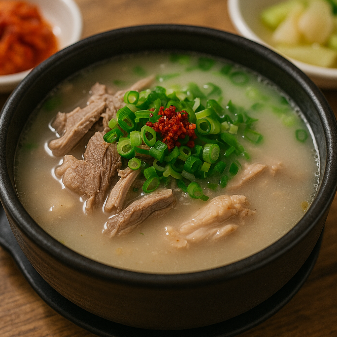 뚝베기에 담겨 있는 돼지국밥 사진